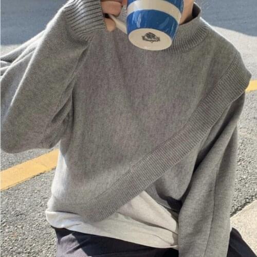 2021 Autumn Winter New Style Korean Simple Half-high Collar Irregular Criss-Cross Short Long-sleeved Loose Sweater