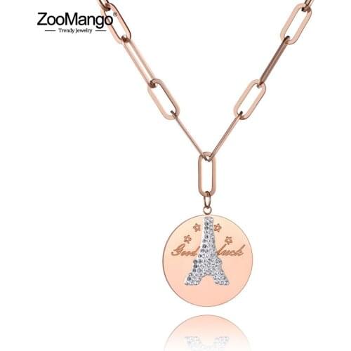 ZooMango Original Design Stainless Steel Tower Crystal Pendant Necklace For Women Trendy Sweater Chian 25" Long Necklace ZN19161