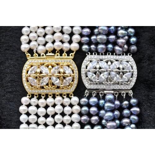 P7321 Luxury 7Row 21" 7mm White Black Round Freshwater Pearl Necklace CZ Clasp