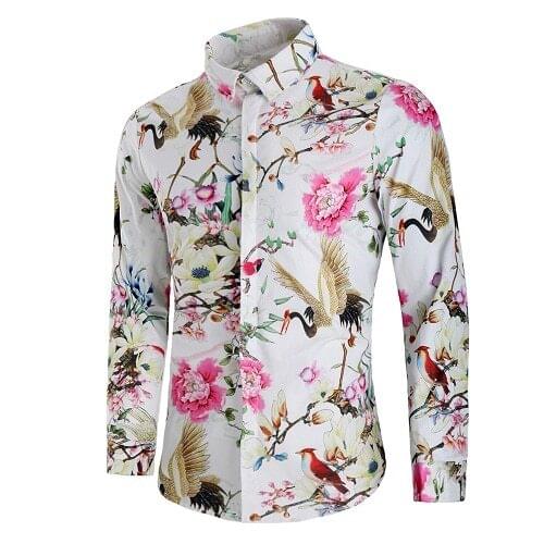 Spring Floral Print Men Shirts Long Sleeve Mens Casual Shirt Slim Men Flower Printing Dress Shirts camisa masculina DC40