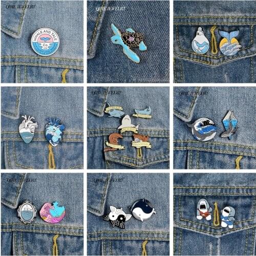 QIHE JEWELRY Sea Magic World Brooches Pins Shark Whale Story Hard Enamel Metal Pins Denim Clothes Badges Pins Gifts for Friends