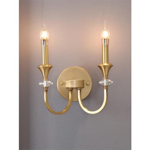 American retro all copper candle wall lamps bedroom bedside lamp living room luxury study aisle gold crystal sconces lights