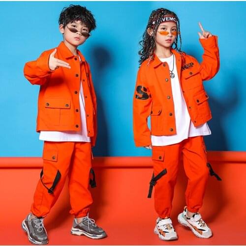 Kids Hip Hop Clothing Girls Jazz Costume Orange Tops Pants Overalls Street Dance Long Sleeve Suit Modern Rave Stage Wear BL5529