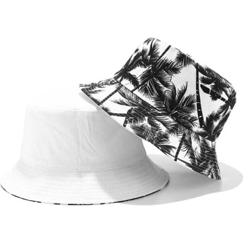 Two Side Reversible Coconut Tree Bucket Hat Unisex Printing Hip Hop Hat For Women Men Panama Cap Summer Fisherman Hat