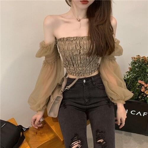 Balloon Sleeve Elegant Women Top and Blouse Shirts Autumn 2021 Sexy Backless Crop Tops Solid Fashion Mesh Blusas