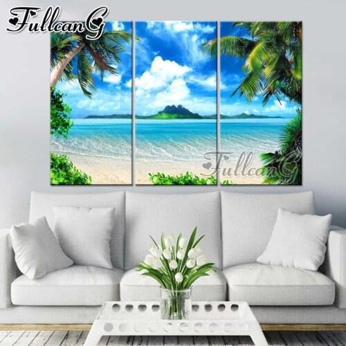 FULLCANG Blue sky and white clouds sea large triptych 5d diamond painting mosaic embroidery diy full square round drill FC3416