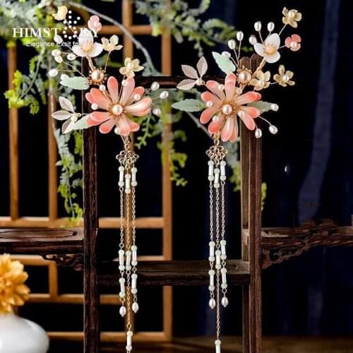 HIMSTORY Vintage Chinese Pink Flower Wedding Hairpins Girls Bridal Wedding Handfu Hair Stick Child Headpiece Accessories