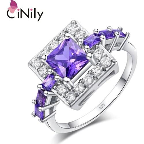 CiNily Silver Plated Princess Cut Purple Zircon Square Shape for Wholesale Women Jewelry Engagement Gift Ring Size 6-10 NJ11056