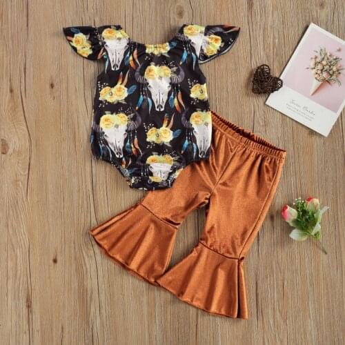 Baby Girls Two-piece Clothes Set Summer 2021 , Black Printing Fly Sleeves Bodysuits + Brown Solid Color Pants