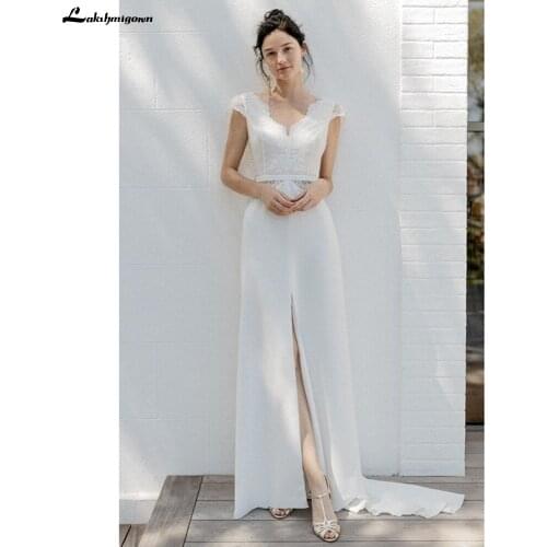 Lakshmigown 2021 Elegant Split Satin Lace Back Buttons Wedding Dresses for Bridal V Neck Beach Short Sleeve Backless robe mariée