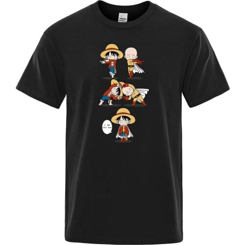 Luffy Loves Saitama T Shirt One Piece Crossover One Punch Man T-shirt Cool Design 100% Cotton Black Tee Japanese Anime Men Tops