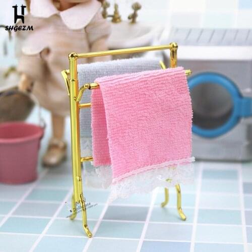 1:12 Dollhouse Miniature Golden Towel Rack And 2 Towels Bathroom Furniture Miniature Golden Doll House Towel Rack