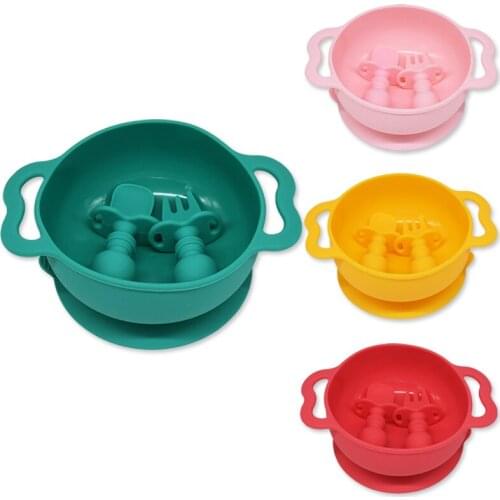 Silicone Baby Feeding Bowl Set Ear Handle Waterproof Child Dishes Suction Bowl Wood Spoon Non-Slip Silicone Tableware Dropship