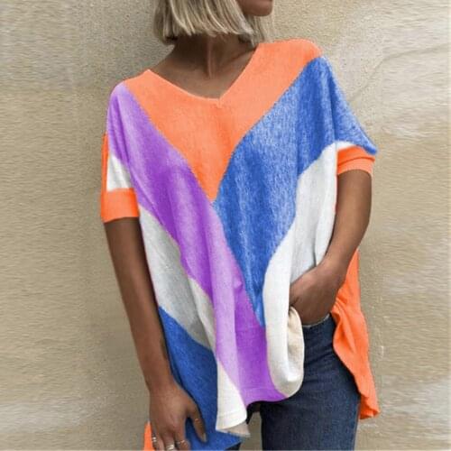 2021 New Hit Contrast Color Patchwork V-Neck Short Sleeve Casual Shirt Blouse Basic Splice Baggy Pullover Top for Women Clothing