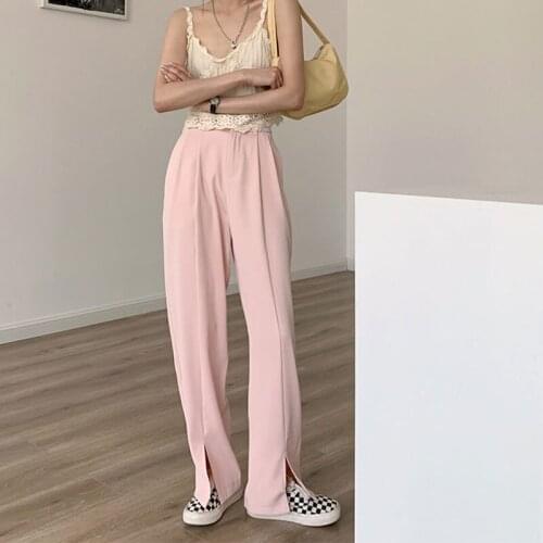 2021 New Stylish High Waist Solid Trousers for Women Loose Female Straight Suit Pants Casual Side Split Street Ladies Long Pants