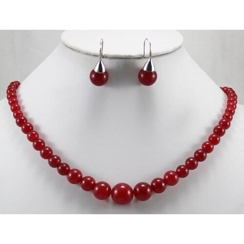 New design nice 6-12mm 18" red Natural jade beads necklace and 8mm red Natural Stone earrings set 003