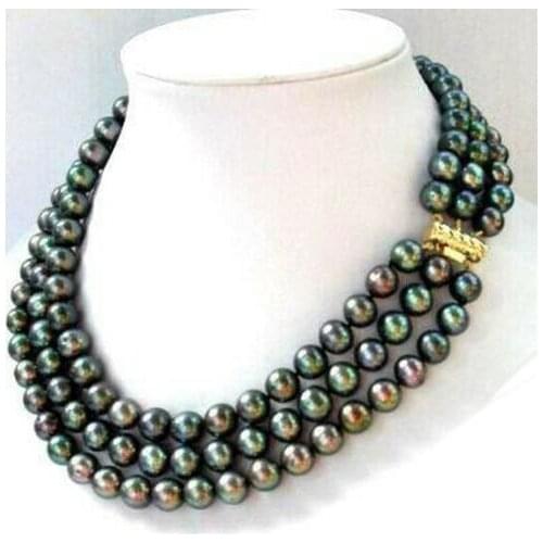 Ashion 3 Rows 7-8mm Real Genuine Black Freshwater Pearl Clasp Necklace