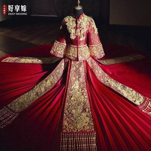 Luxury Ancient Royal Red Chinese Wedding Dress Traditional Bride Sequins Beading Embroidery Cheongsam