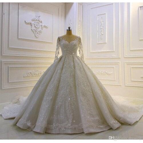 Modest Long Sleeve 2020 Ball Gown Wedding Dresses Bridal Gowns Sheer Jewel Neck Lace Appliqued Sequins Plus Size Robe De Mariee