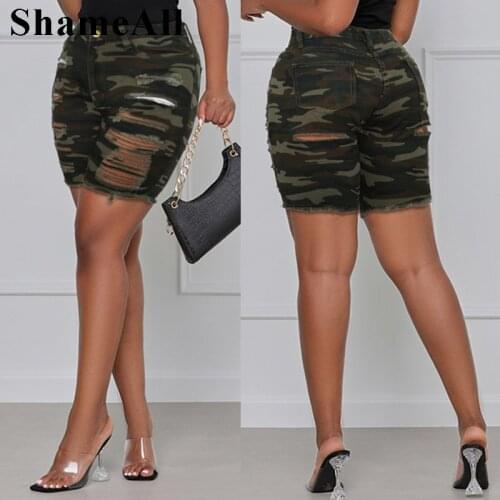 Plus Size Street Ripped Stretchy Skinny Camouflage Shorts 5XL Bodycon Workout Running Shorts Women Holographic Biker Bermudas