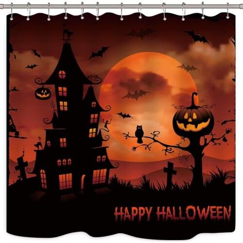 Happy Halloween Shower Curtain Orange Pumpkin Cute Moon Scary Ghost Kids Castle Creative Blazing Decor Fabric Set Polyester