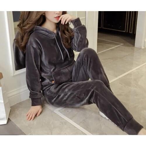 Velvet Tracksuit Two Piece Set Women Sexy Hooded Grey Long Sleeve Top Pants Bodysuit Suit Runway Fashion Black XXXL