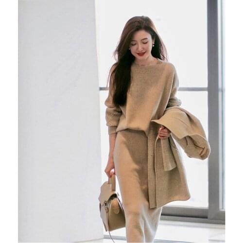 2-piece suit female Spring/Autumn high-quality Full padded sweater suit three-color Office Lady suit