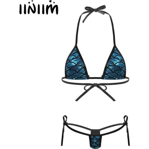 Womens Girls Sexy Summer Swimwear Shiny Mermaid Fish Scale Printed Bikini Lingerie Set Self-tie Bra Top with G-String Briefs