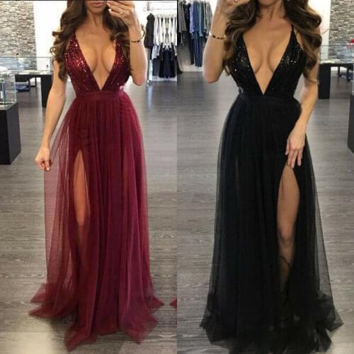 Womens Deep V Neck Sleeveless Elegant Formal Prom Long Maxi Cocktail Party Ball Gown Bandage Blackless Dress Red Black XL