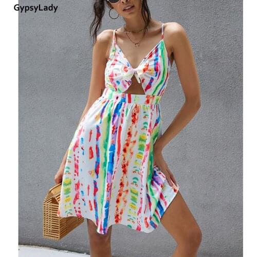 GypsyLady Rainbow Printed Mini Dress Floral Boho Summer Sexy Dresses Women Strappy Sleeveless Backless Bodycon Party Dress