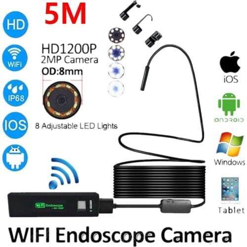 2/5/10M WIFI Endoscope Camera HD 1200P 8mm 8 LED Mini Waterproof Hard Cable Inspection Camera Borescope for Iphone PC IOS
