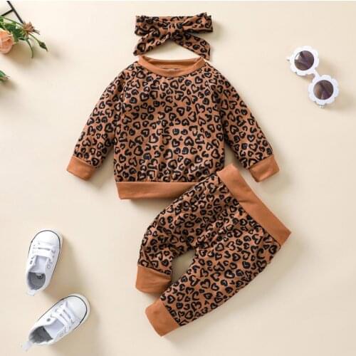 3Pcs Kids Autumn Spring Tracksuit Set Leopard Print Round-Neck Long Sleeves Pullover Sweatshirt Pants Hairband for Girls