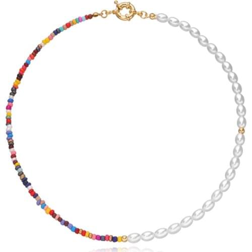 45cm Length Multi-Colored Seed Beads and Oval Pearls Separated Women`s Fashion Short Beaded Choker Necklace Boho Accessory