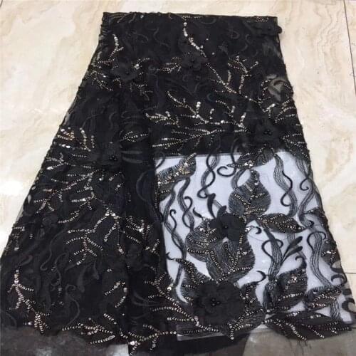 Black Beaded African lace fabrics pretty french tulLe lace fabric 5yards 3d flower sequins pattern wholesale for wedding party