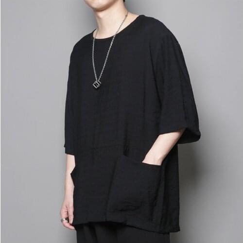 Dark black Japanese Harlan casual simple short-sleeved t-shirt tide brand loose middle-sleeved half-sleeved T-shirt Hong Kong st