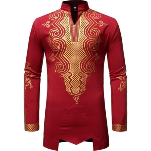 Red African Dashiki Print Dress Shirt Men Nice Fashion Long Sleeve African Shirt Men African Clothes Streetwear Casual Chemise