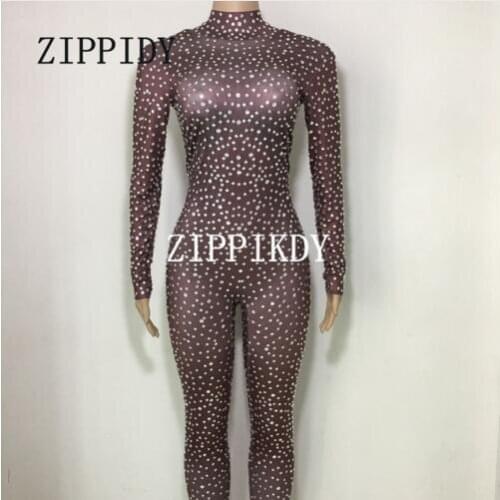 Fashion Silver Crystals Coffee Jumpsuits Sexy Full Rhinestones Bodysuit Women Birthday luxurious Outfit Evening Costume Wear