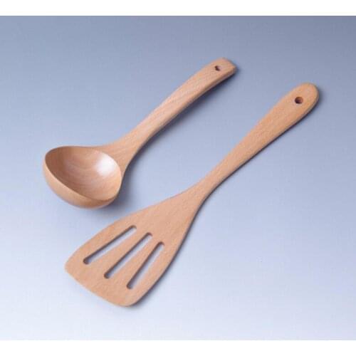 Wood Spoon Set(Soup Spoon, Slotted turner) Beech Wood, Suitable for non-stick frying pan