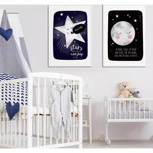 Nordic Bible Verse Wall Art Nursery Moon and Stars Poster Print Canvas Painting Christian Quote Picture Kids Room Playroom Decor