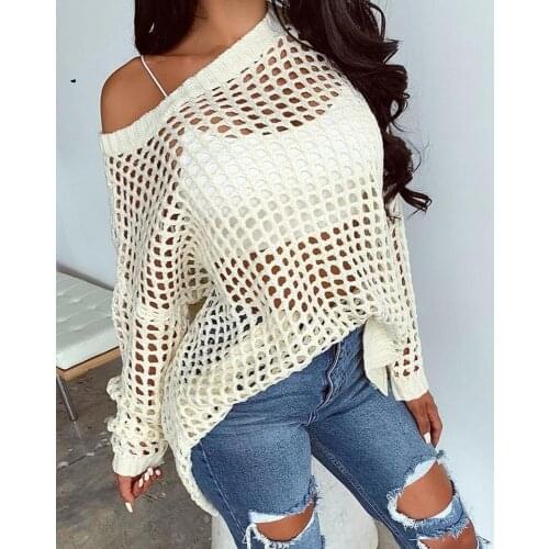 Solid Long Sleeve Hollow Out Sweater