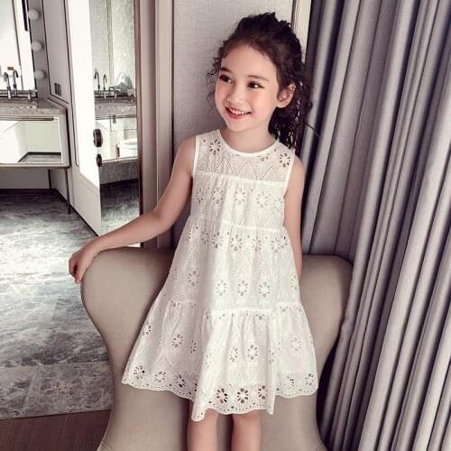 Solid White Girls Dress Summer 2021 New Korean Women Dresses Sleeveless Lace Hollow Out Flowers Sweet Princess Children Clothes