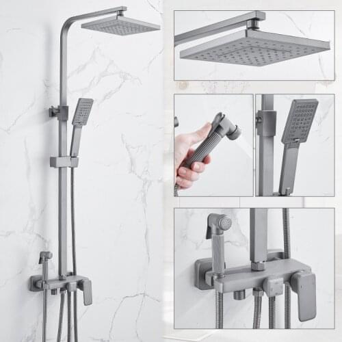 Grey Bathroom Shower Faucet Brass Bath Rain Shower System Mixer Valve Brass Bidet Spray Bathtub Faucet Square Shower Head