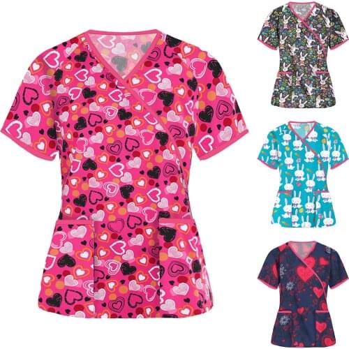 Verpleegster Uniform Women Short Sleeve V-neck Tops Nurse Work Uniform Printed Patchwork Pocket Blouse Tee Медицинская Одежда q5