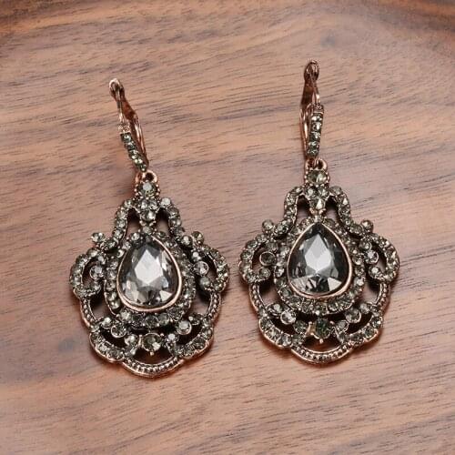 Wbmqda Luxury Gray Crystal Bridal Earrings For Women Antique Gold Color Beach Party Drop Earrings Vintage Wedding Jewelry