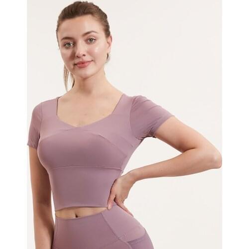 Women Sports Yoga T-Shirt Solid Color Quick Dry Shirts Workout Gym Top Running Breathable Short Sleeve With Removable Padded