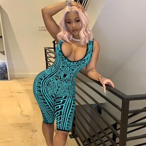 Geometric Pattern Slim Rompers Womens Jumpsuit Summer Deep V Neck Sleeveless Short Playsuit Streetwear Bandage Bodycon Catsuits