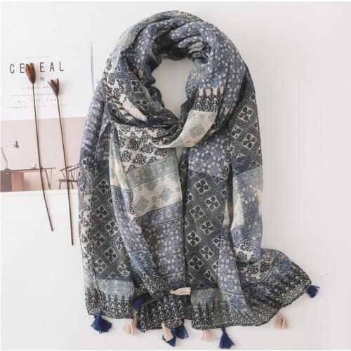 Vintage Women Shawl Scarf Patchwork Printed Ladies Hijab Scarf Tassels Neck Wraps Pashmina Bandana Foulards