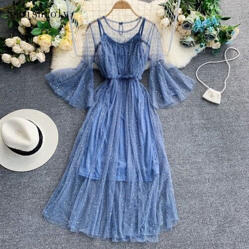 Two-piece 2021 Women Flare Sleeve Long Lace Dress Sweet Bling Sequins Mesh Dress Ladies Ruffle High Waist A Line Fairy Vestidos