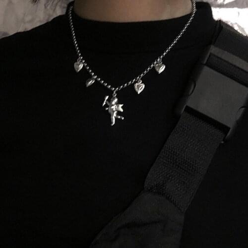 Fashion Angel Love Heart Pendant Stainless Steel Necklace for Women Clavicle Chain Choker