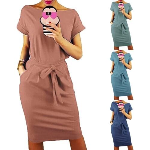 Women' S Office Lady Elegant Dress Solid Color Casual Short Sleeve O Neck Summer Party Dresses With Belt Платье Летнее Vestido